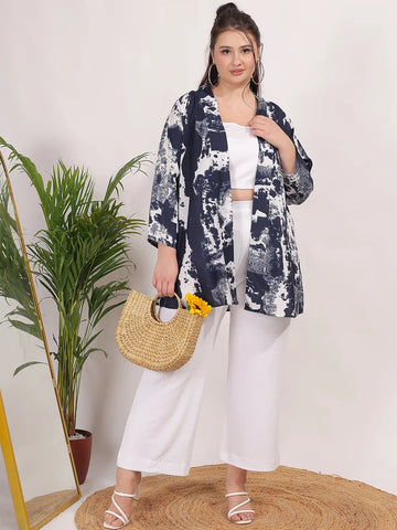 Navy and white print shrug features 3/4 regular sleeves