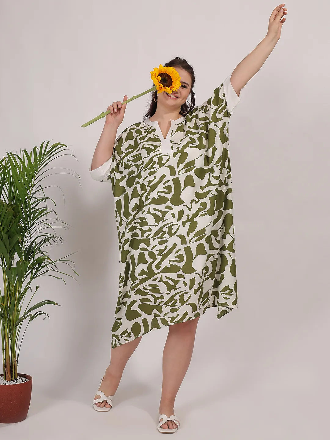 Olive abstract print rayon dress