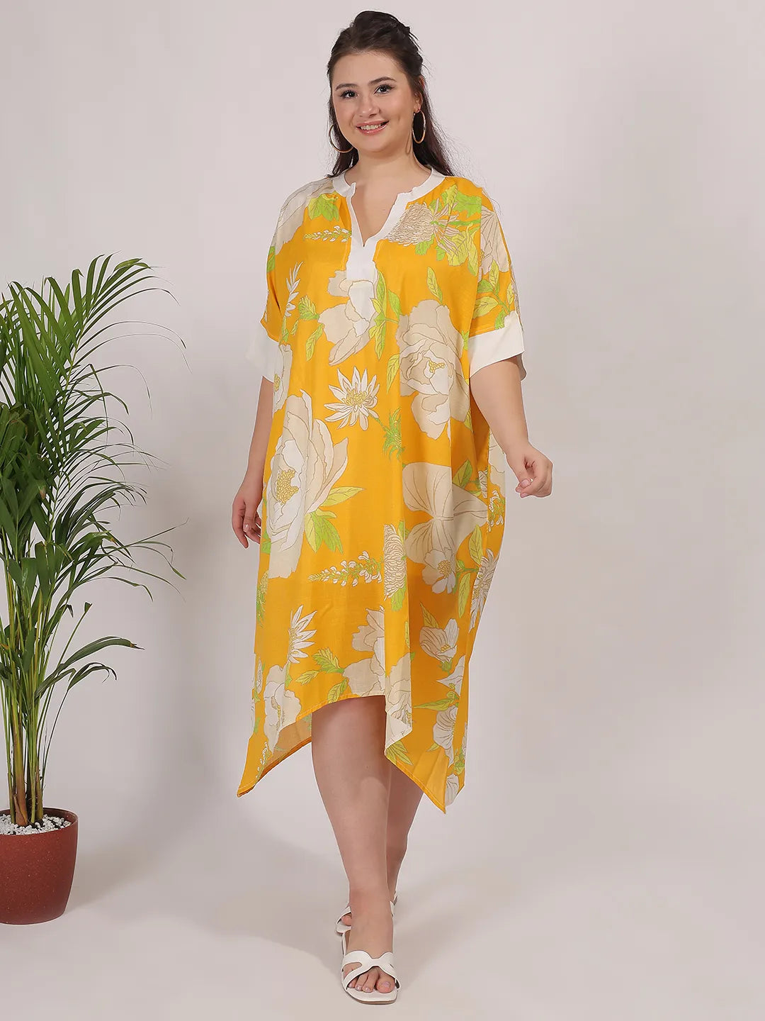 Yellow flower print rayon dress