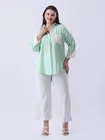 Stripe drop shoulder linen shirt with solid pocket & yoke