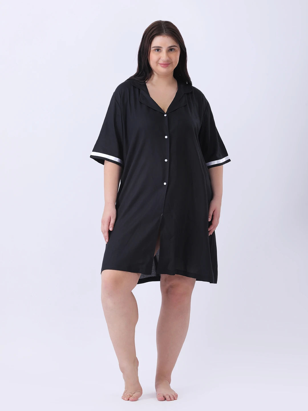 Black rayon shirt dress with ribbon detailing in sleeve