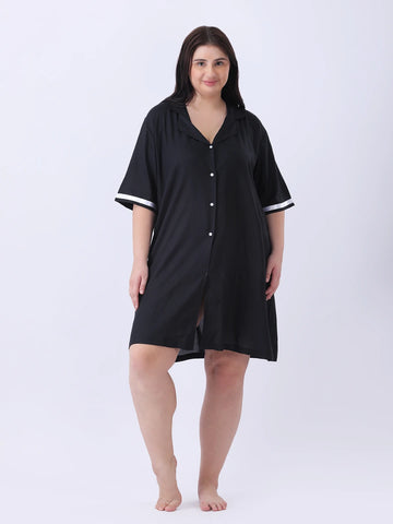 Black rayon shirt dress with ribbon detailing in sleeve