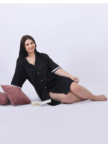 Black rayon shirt dress with ribbon detailing in sleeve
