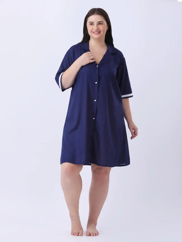 Navy rayon shirt dress with ribbon detailing in sleeve
