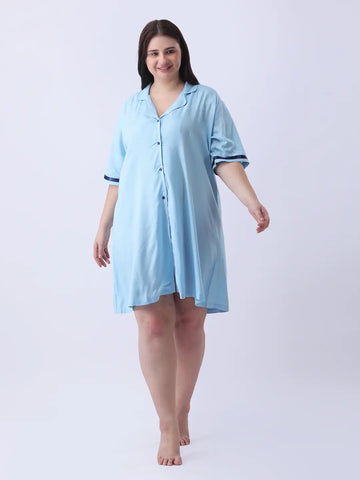 Powder blue rayon shirt dress with ribbon detailing in sleeve