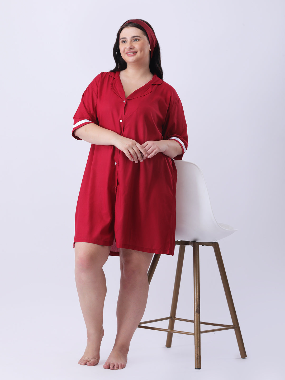 Maroon rayon shirt dress with ribbon detailing in sleeve