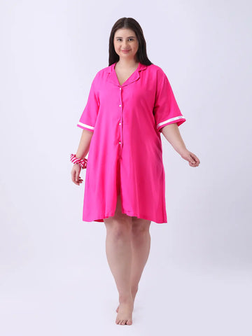 Pink rayon shirt dress with ribbon detailing in sleeve