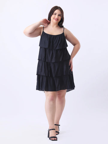 Black rayon tiered ruffle dress