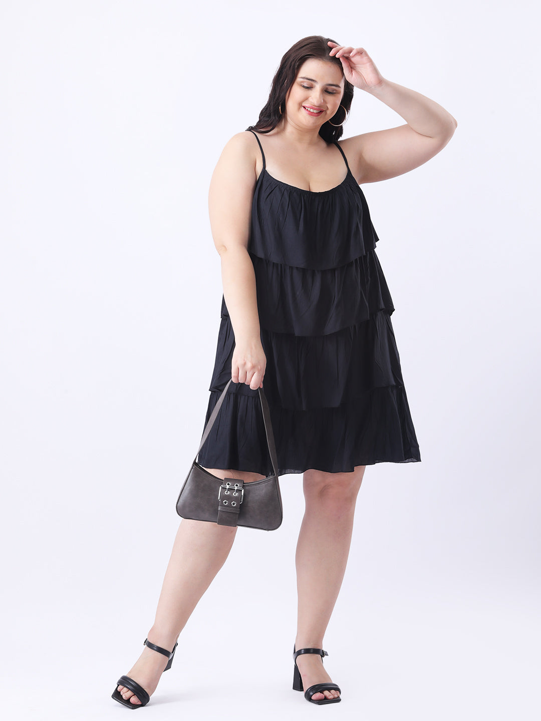 Black rayon tiered ruffle dress