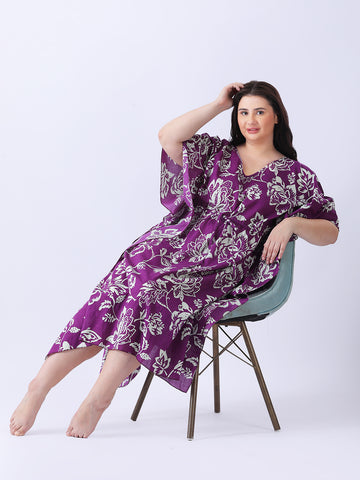 Purple cotton floral printed long kaftan