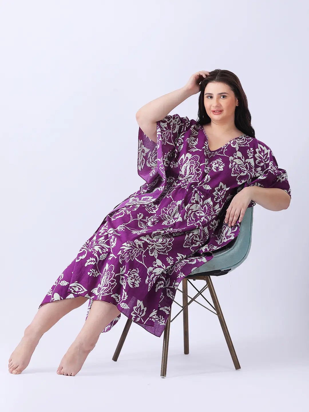 Purple cotton floral printed long kaftan