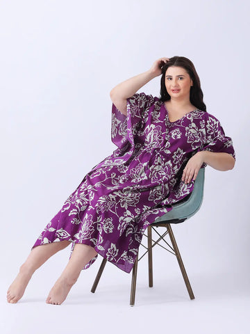 Purple cotton floral printed long kaftan