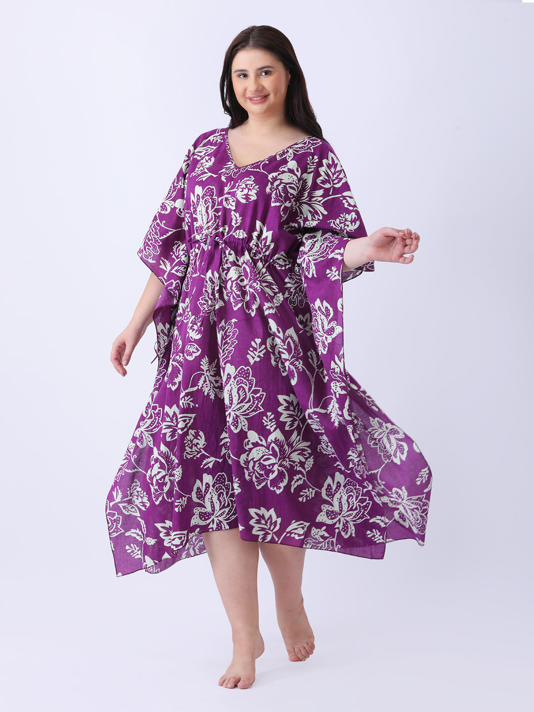 Purple cotton floral printed long kaftan