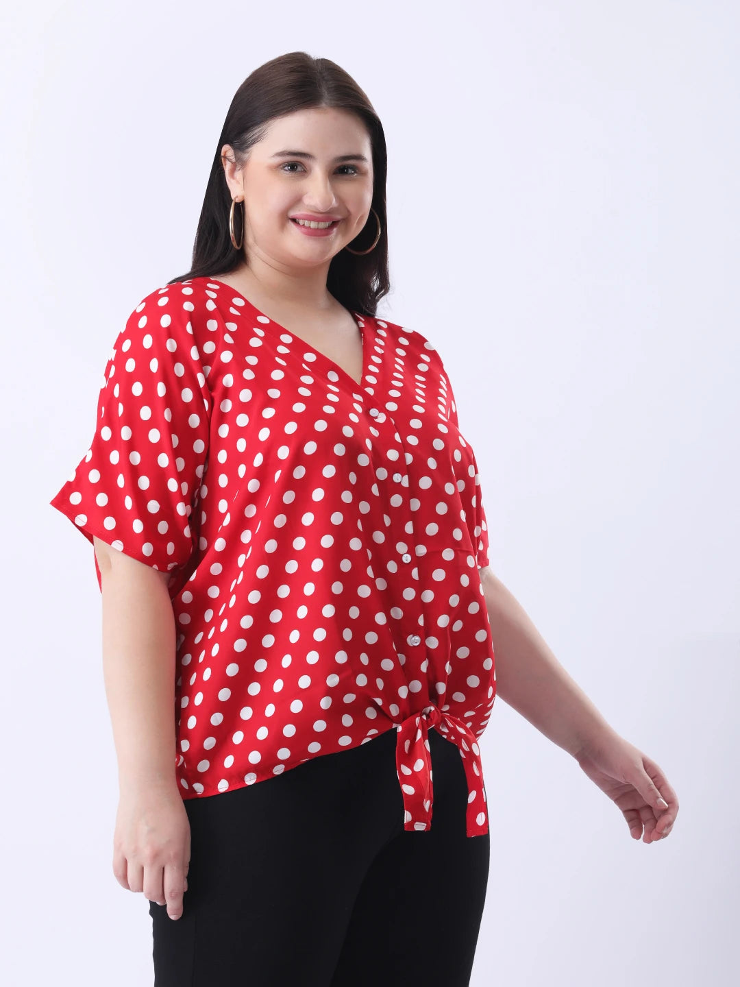 Red polka front tie-up shirt