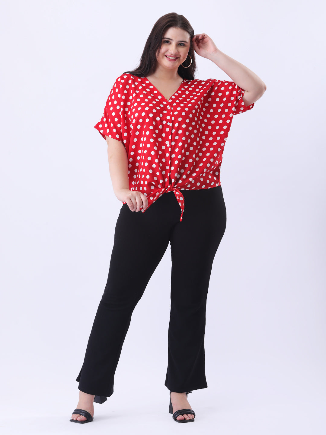 Red polka front tie-up shirt