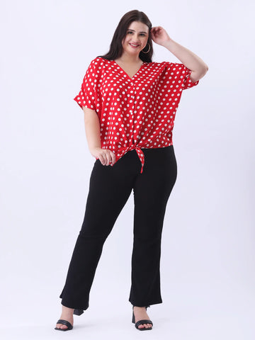 Red polka front tie-up shirt