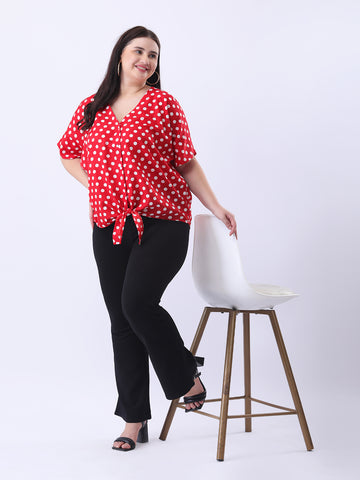Red polka front tie-up shirt
