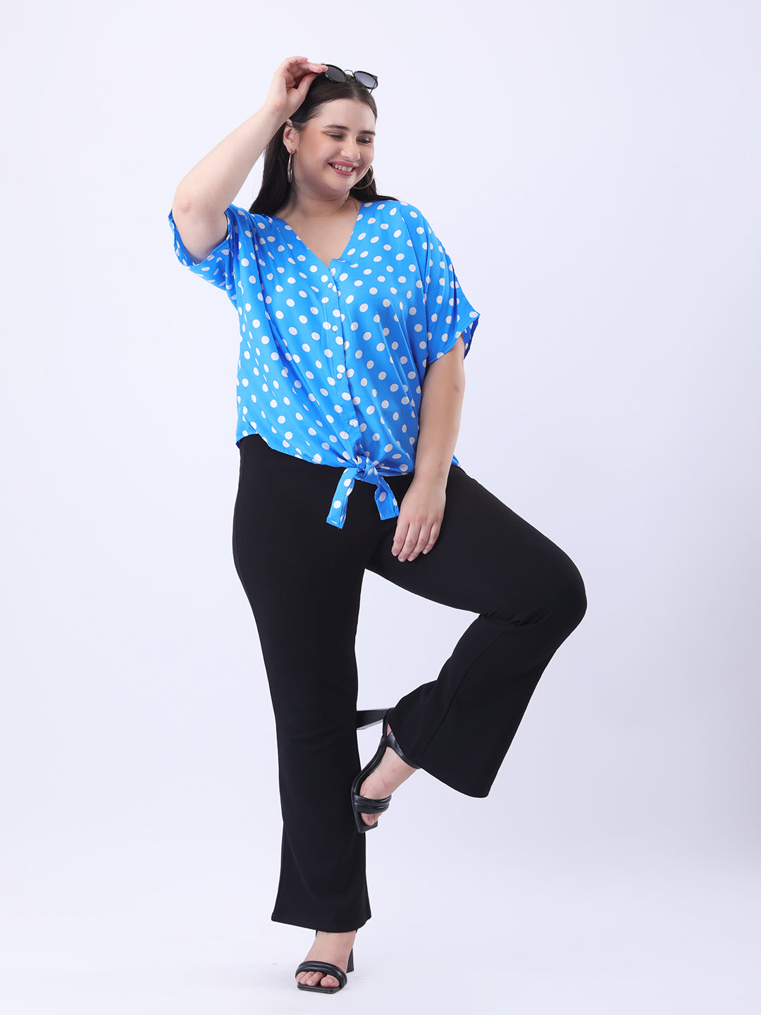 Blue polka front tie-up shirt