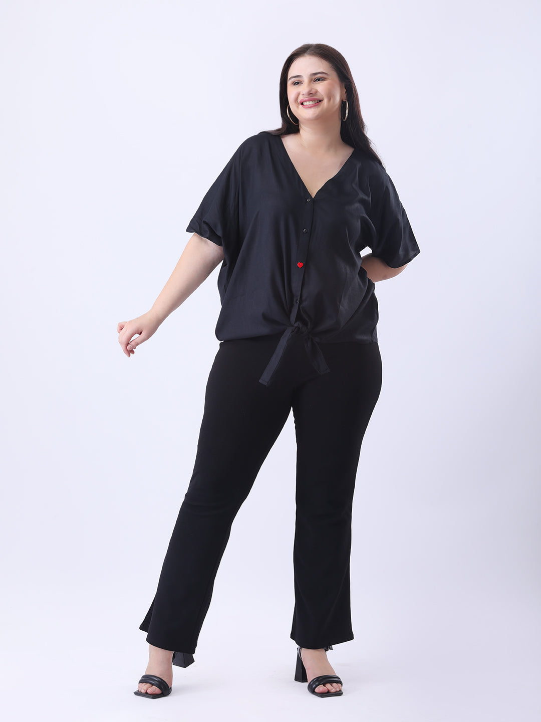 Black rayon front tie-up shirt