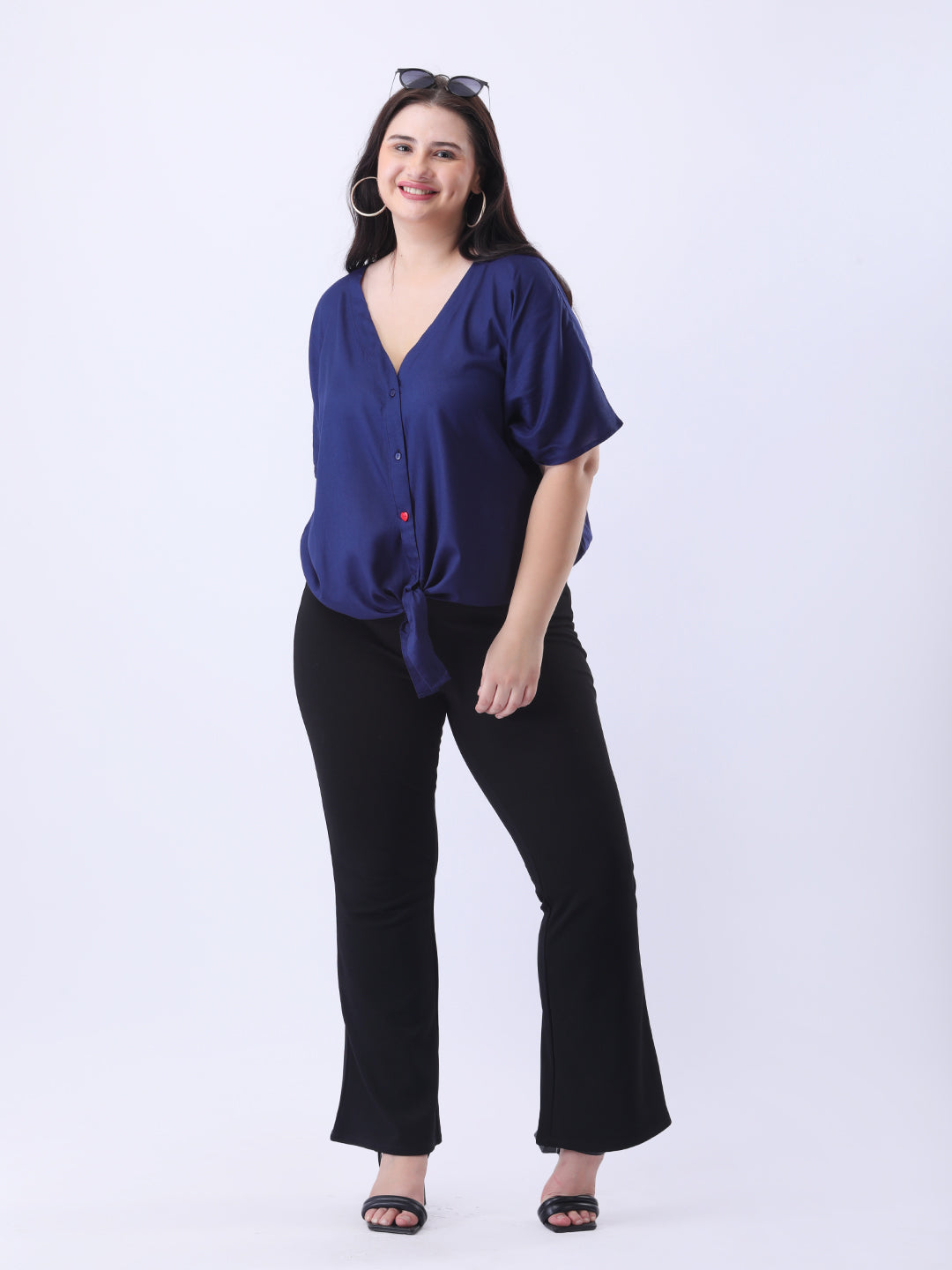 Navy rayon front tie-up shirt