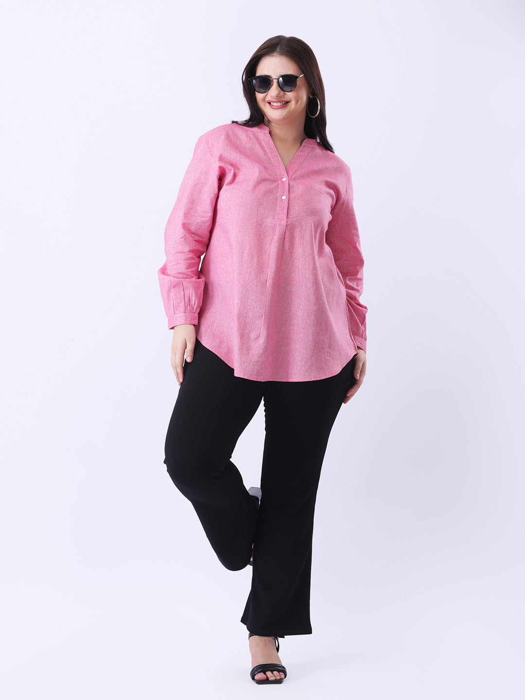 Solid linen mandarin collar shirt