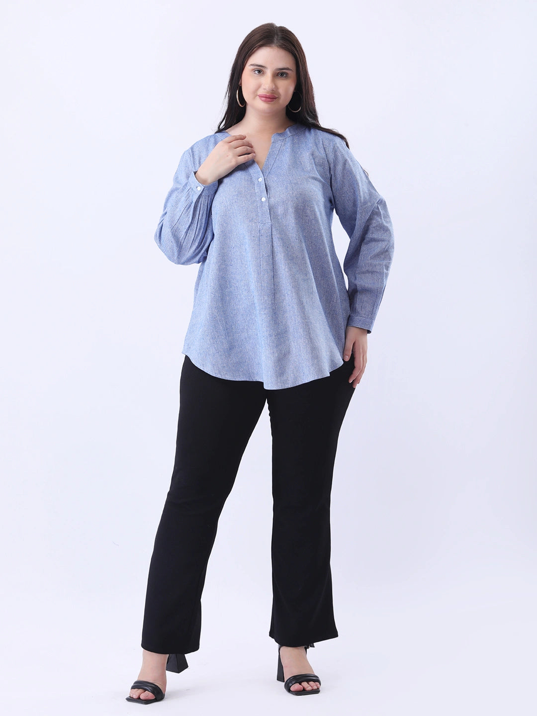 Blue linen mandarin collar shirt