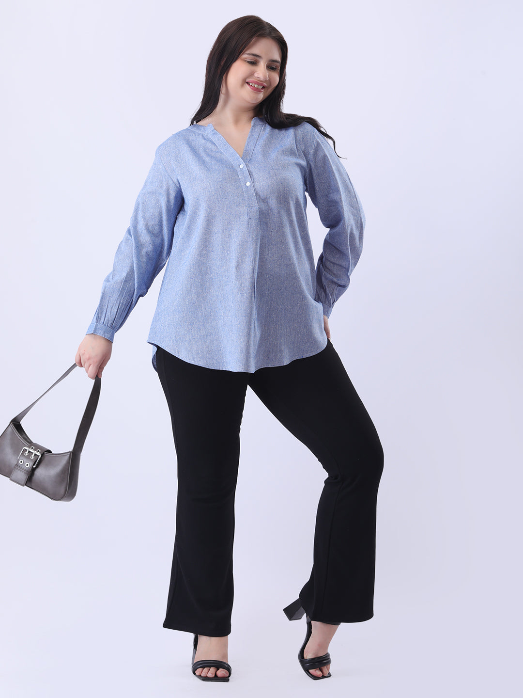 Blue linen mandarin collar shirt