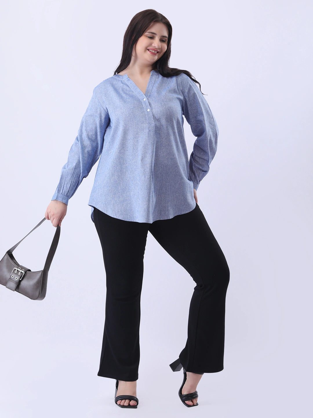 Blue linen mandarin collar shirt