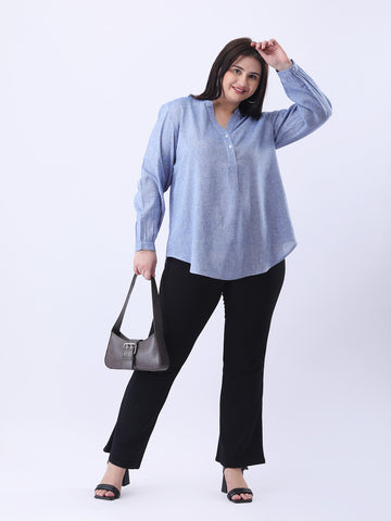 Blue linen mandarin collar shirt