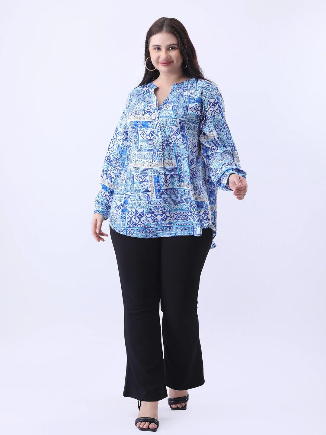 Blue printed mandarin collar shirt