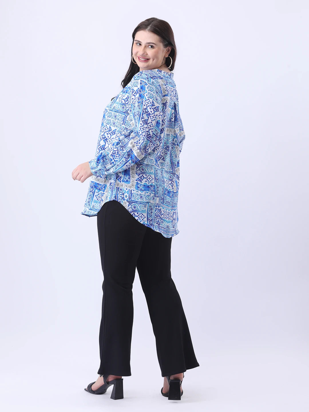 Blue printed mandarin collar shirt