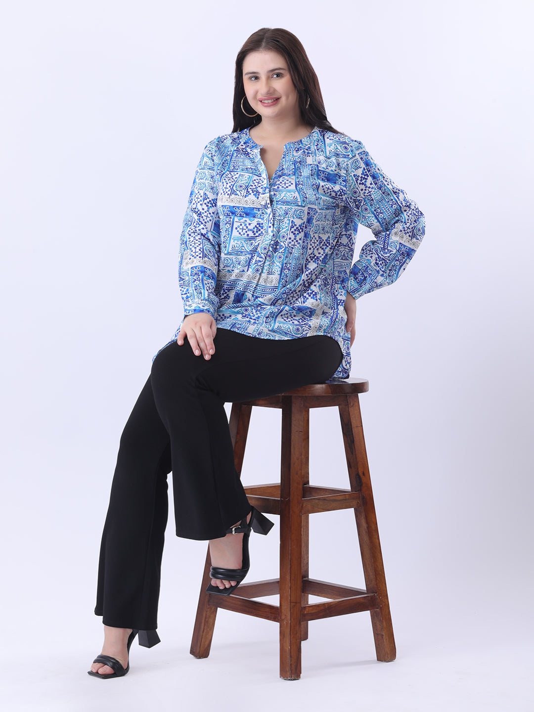 Blue printed mandarin collar shirt