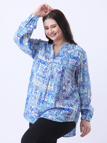 Blue printed mandarin collar shirt