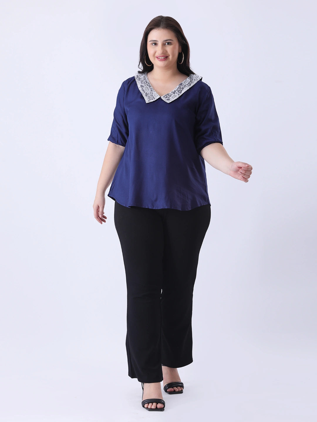 Solid rayon peter pan collar top with puff sleeve