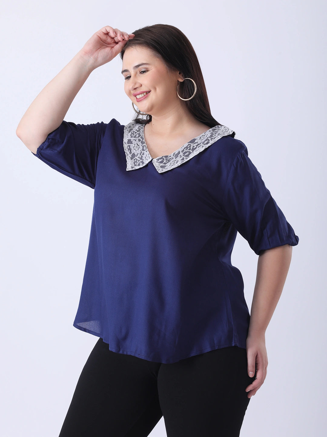 Solid rayon peter pan collar top with puff sleeve