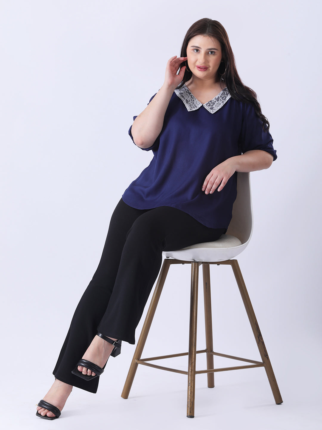 Solid rayon peter pan collar top with puff sleeve