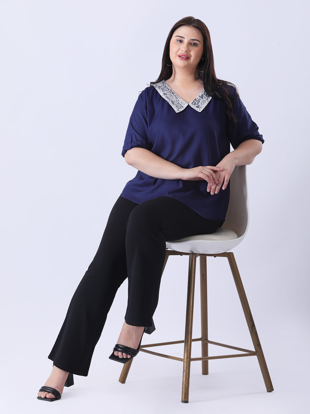 Solid rayon peter pan collar top with puff sleeve