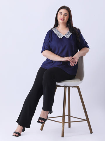 Solid rayon peter pan collar top with puff sleeve