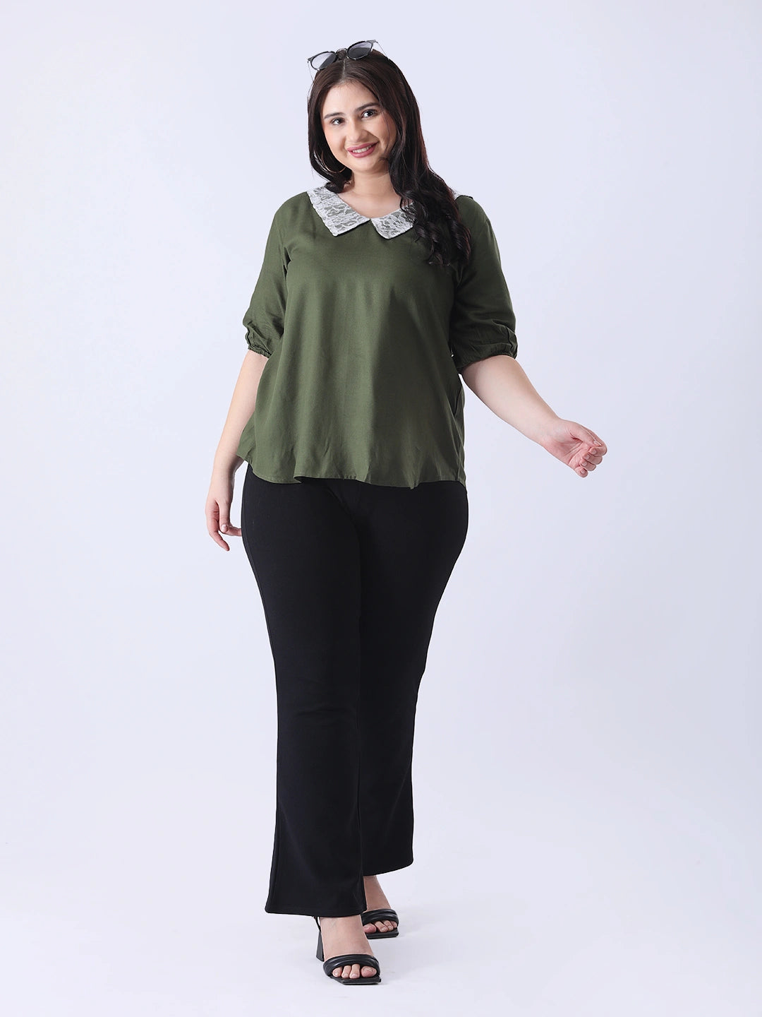 Olive rayon peter pan collar top with puff sleeve