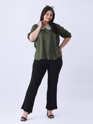 Olive rayon peter pan collar top with puff sleeve