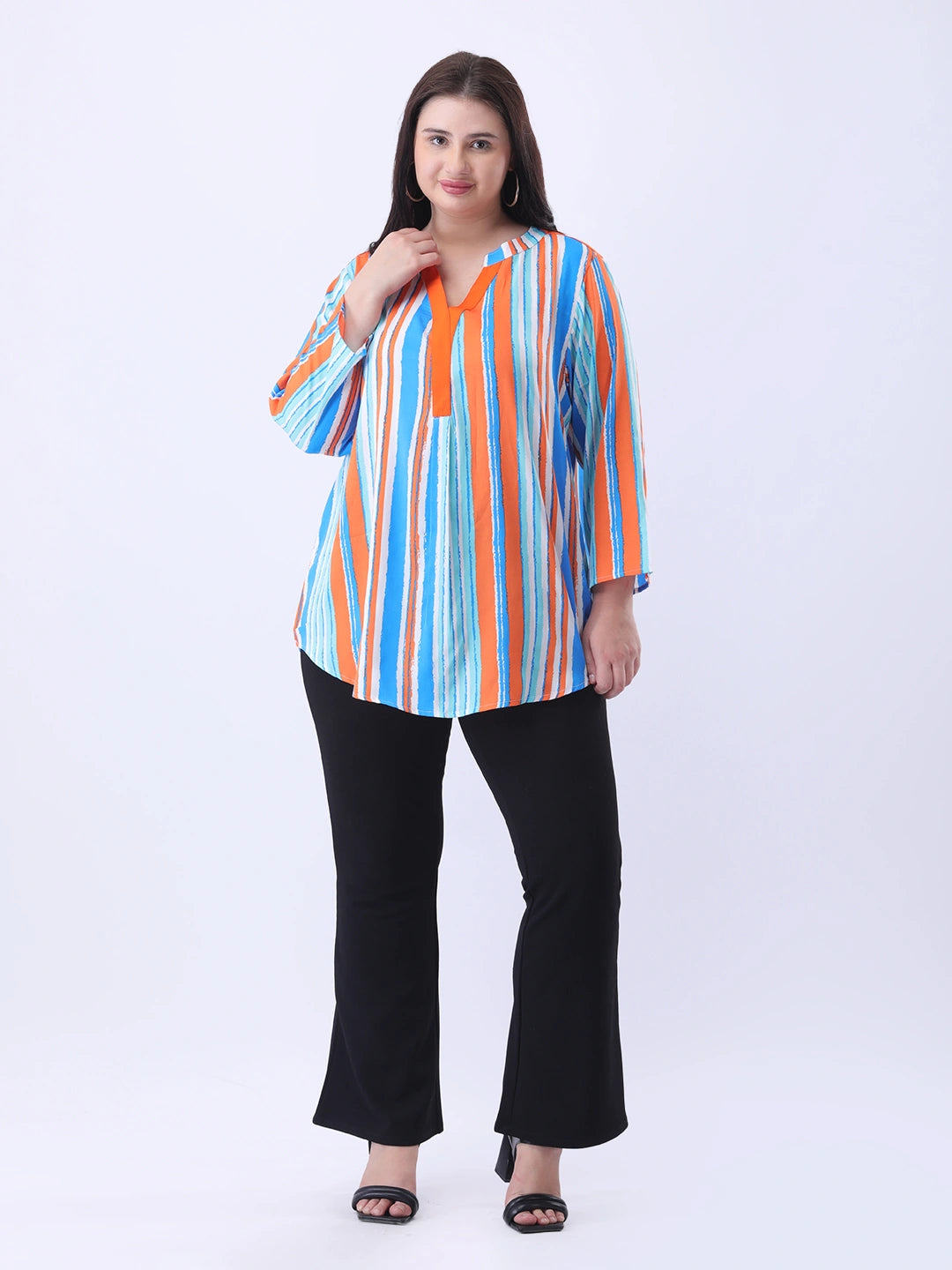 Multi color stripe mandarin collar shirt