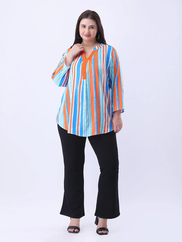 Multi color stripe mandarin collar shirt