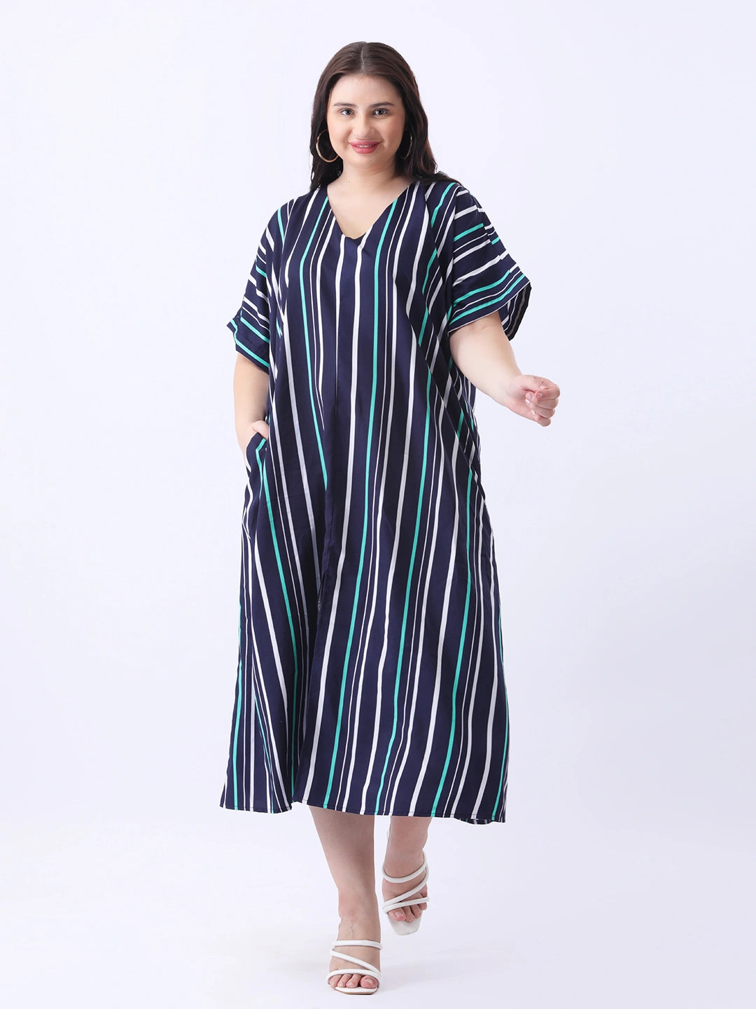 Navy stripe loose fit dress with front slit
