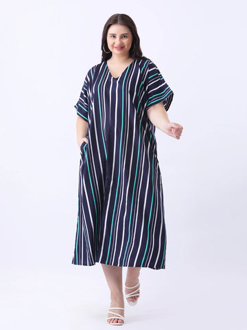 Navy stripe loose fit dress with front slit