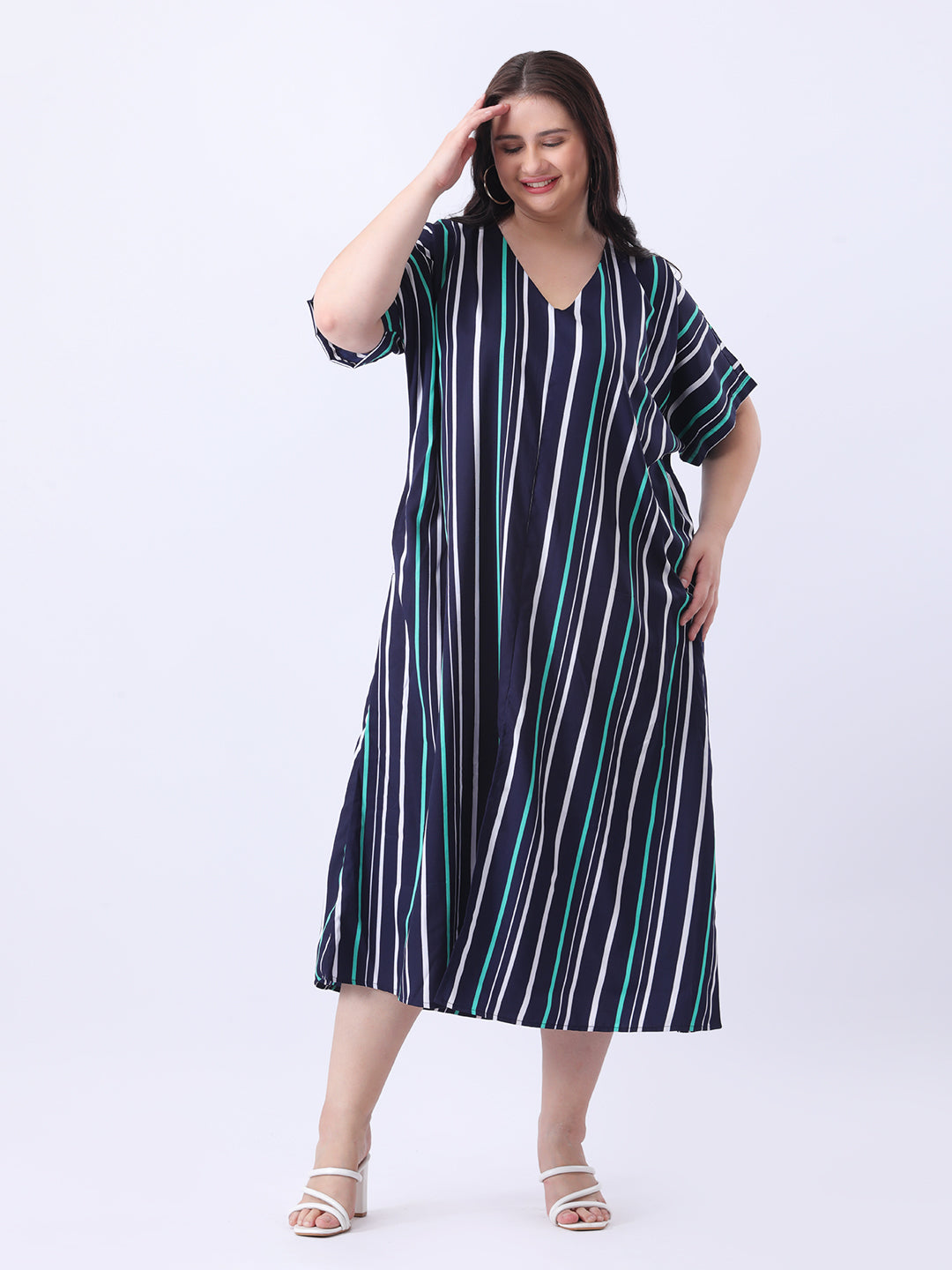 Navy stripe loose fit dress with front slit