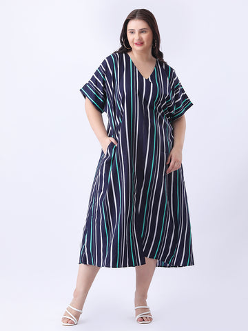Navy stripe loose fit dress with front slit