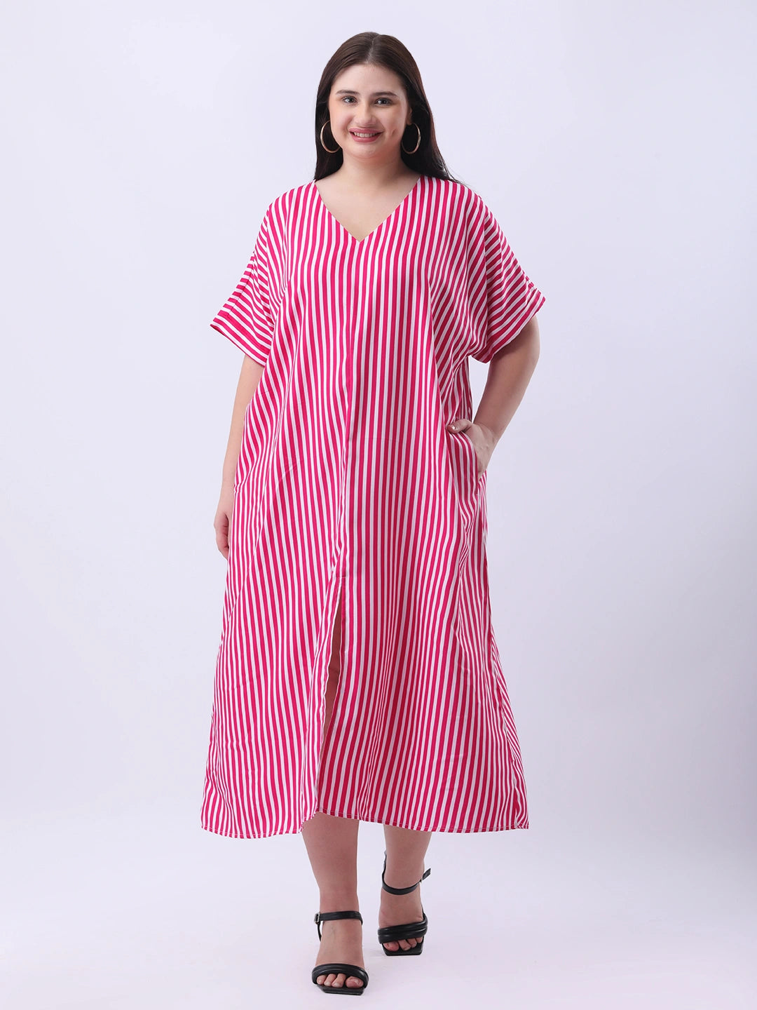 Pink stripe loose fit dress with front slit