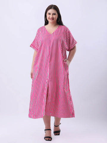 Pink stripe loose fit dress with front slit