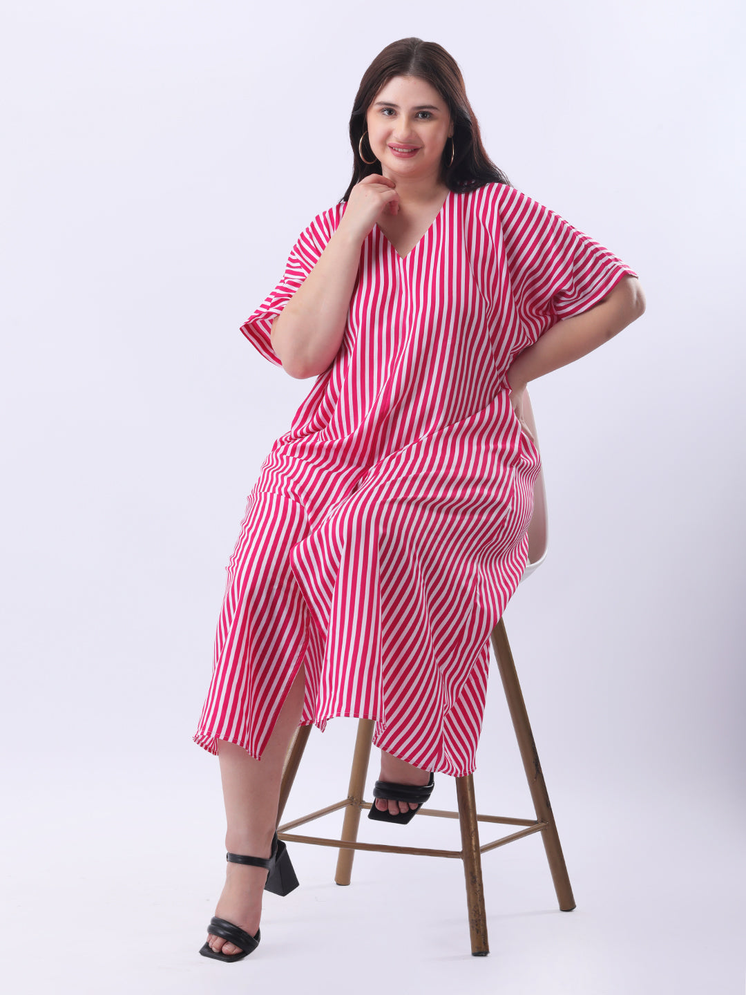 Pink stripe loose fit dress with front slit
