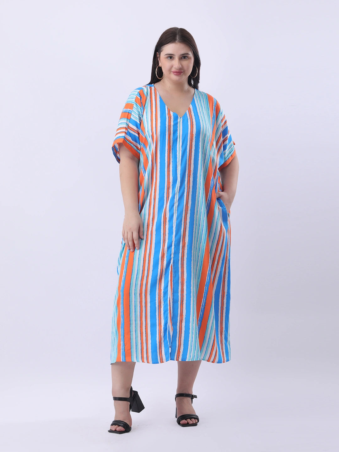 Multi color stripe loose fit dress with front slit